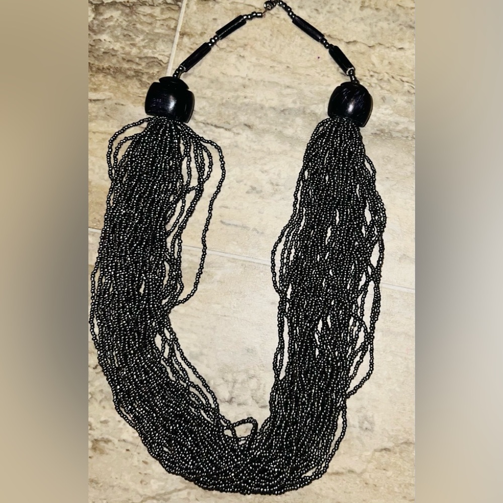 Black silver beaded necklace; lovely detail